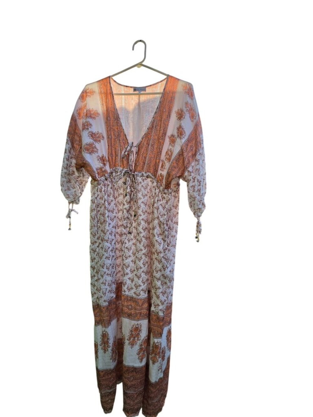 Little Miss Gypsy Boho Midi Dress L XL Batik Orange Metallic Lurex With Pockets - Picture 10 of 11